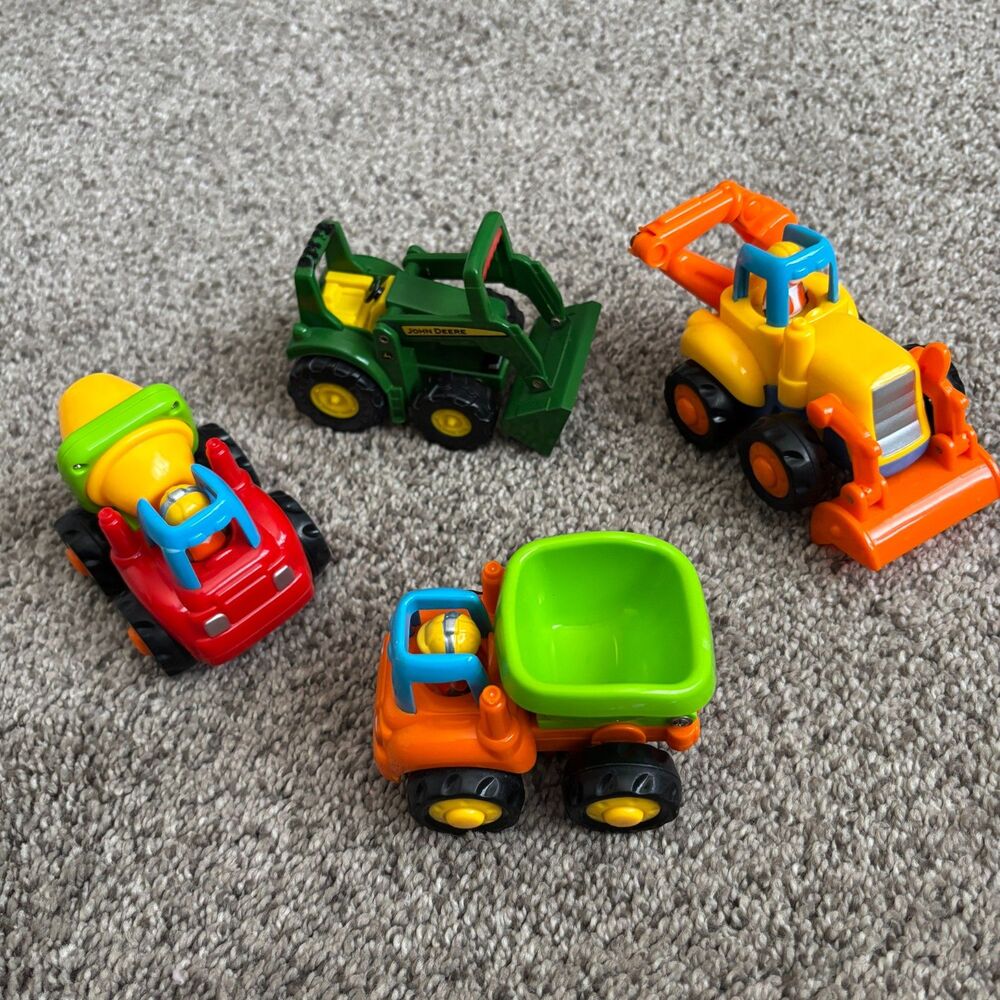 Lot Of 4 Assorted Play Set Vehicles John Deere Backhoe Dump Cement Trucks